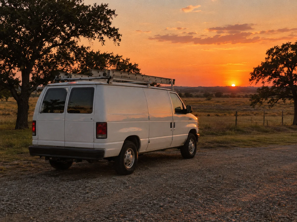 Service van parked on a gravel drive in southern Oklahoma at dusk